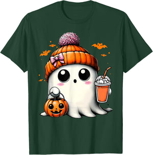 Cute Ghost Drinking Coffee Halloween Ghost Ice Coffee T-Shirt - T-Shirt | Forest