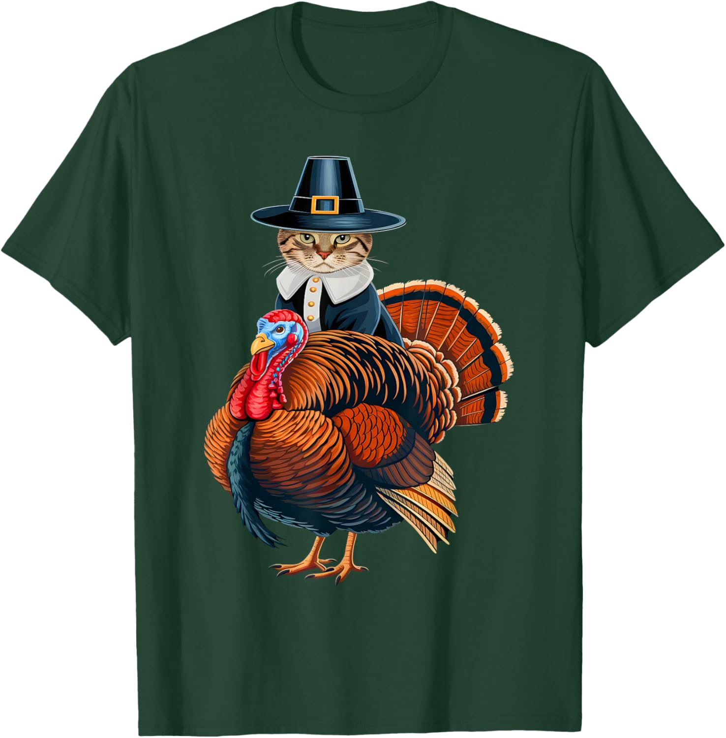 Pilgrim Cat With Turkey Funny Thanksgiving Cat And Turkey T-Shirt - T-Shirt | Forest