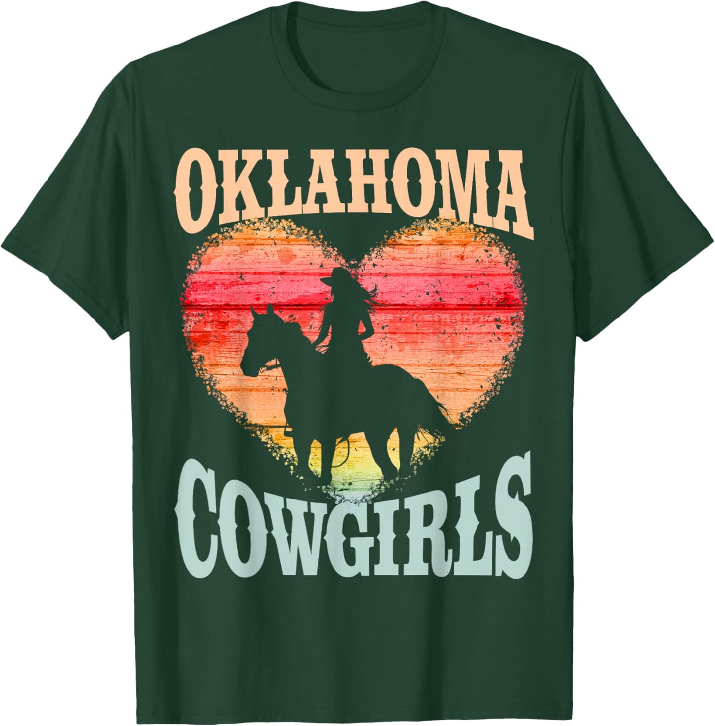 Oklahoma Cowgirls Girl Riding Horse Silhouette Ombre Heart T-Shirt - T-Shirt | Forest