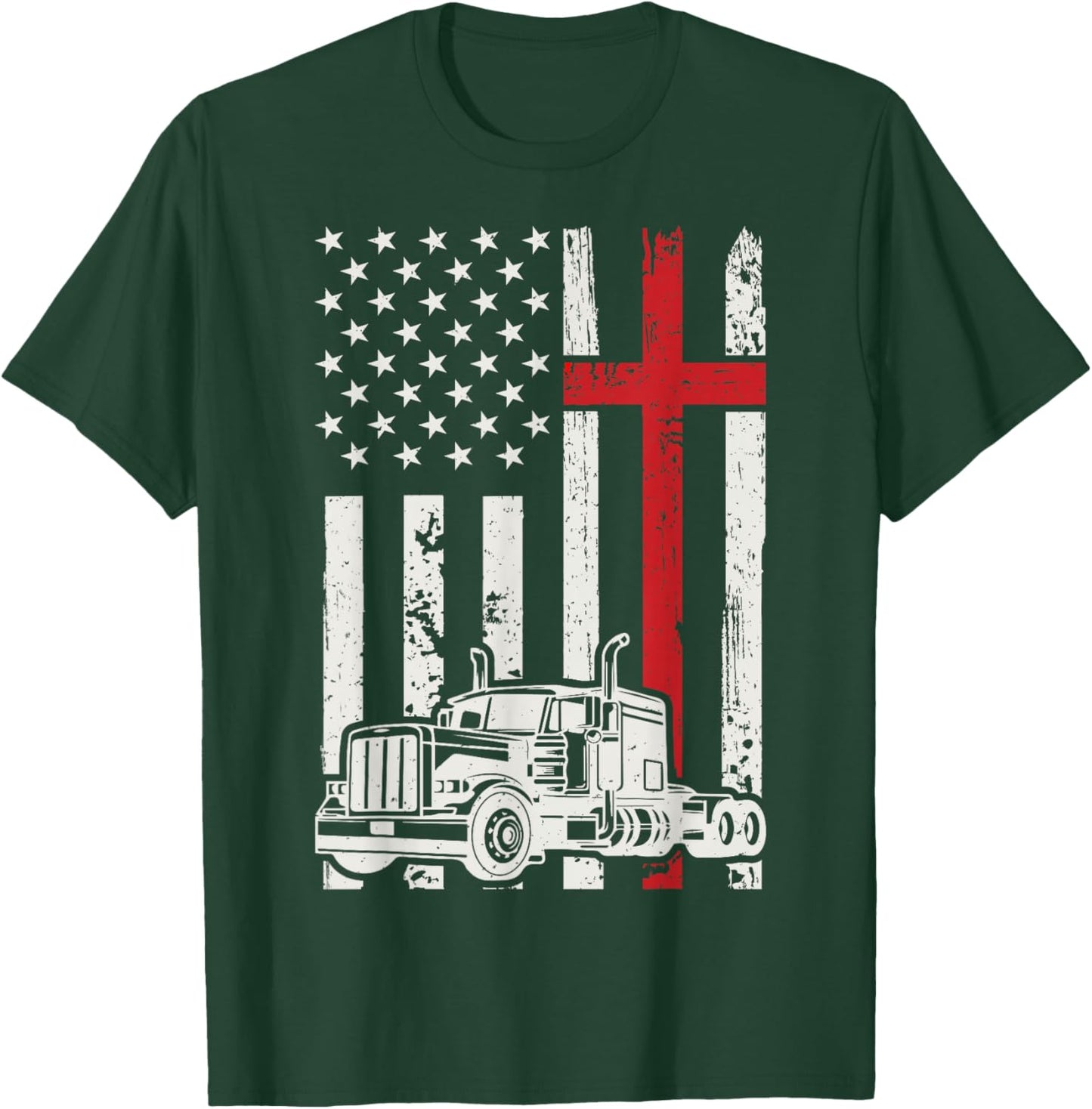 Semi Truck American Flag Christian Truck Driver Patriotic T-Shirt - T-Shirt | Forest