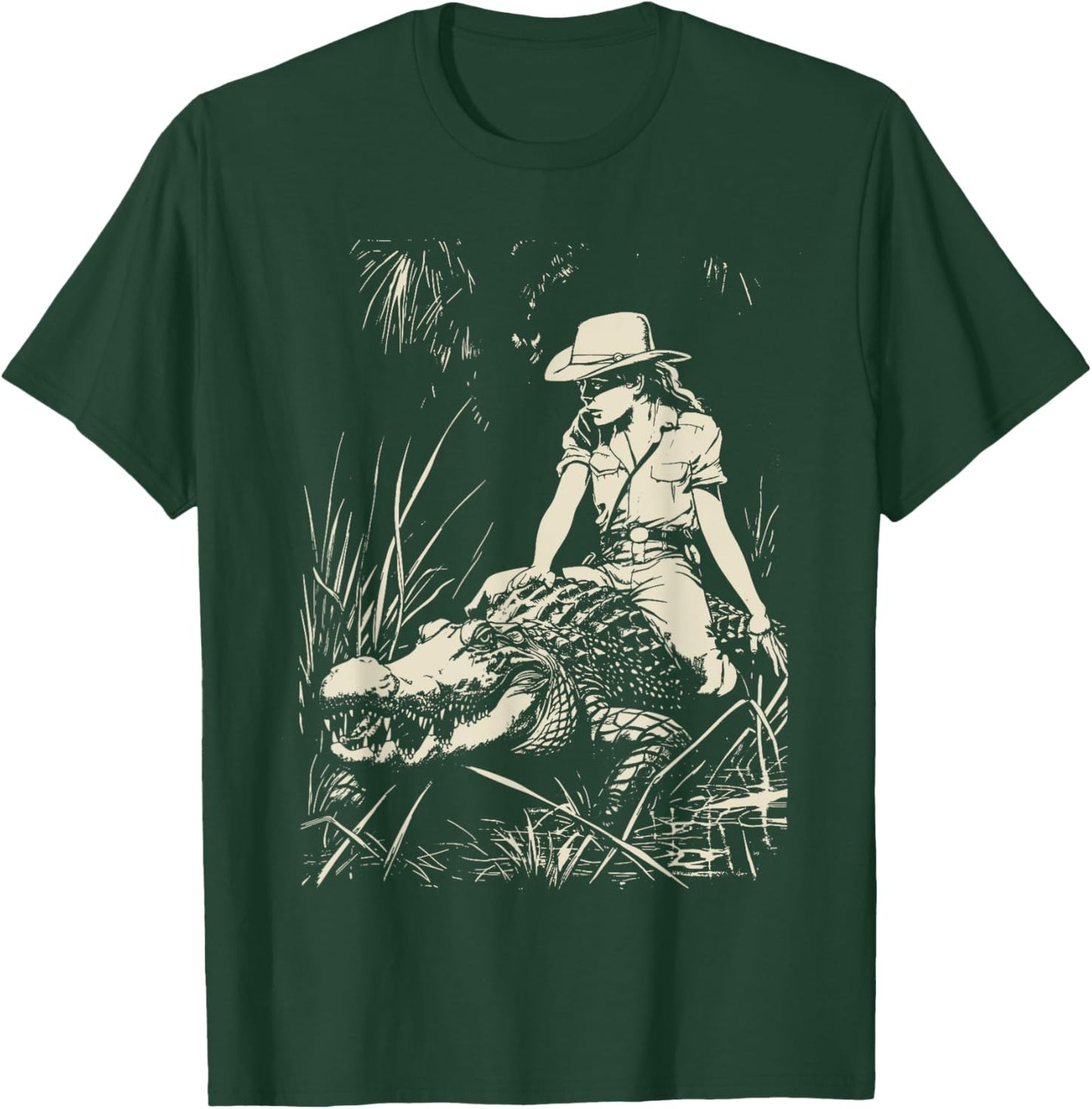 Girl riding Alligator | Weird Funny Florida Crocodile Meme T-Shirt - T-Shirt | Forest