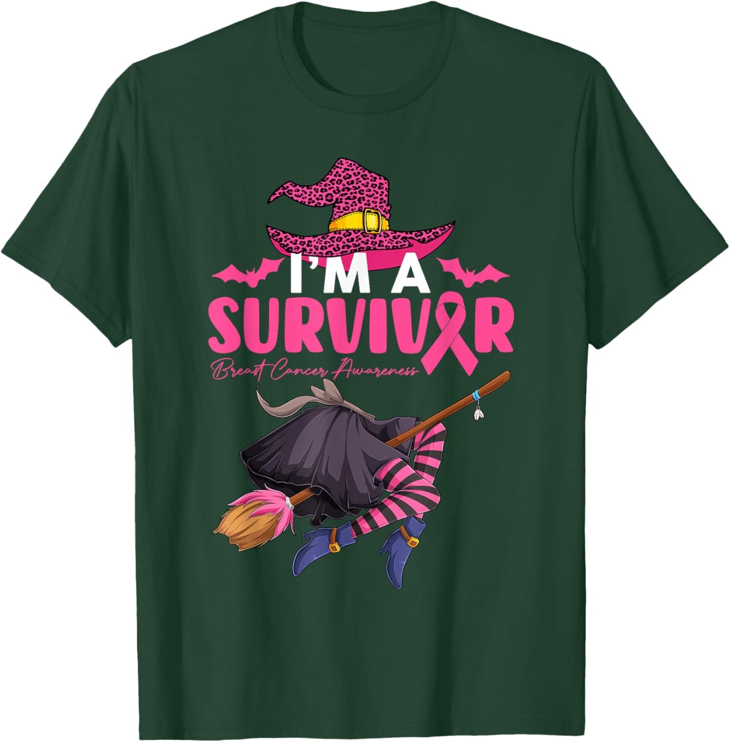 I'm Survivor Witch With Broom Breast Cancer Halloween Women T-Shirt - T-Shirt | Forest