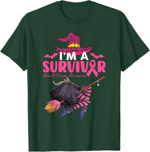I'm Survivor Witch With Broom Breast Cancer Halloween Women T-Shirt - T-Shirt | Forest