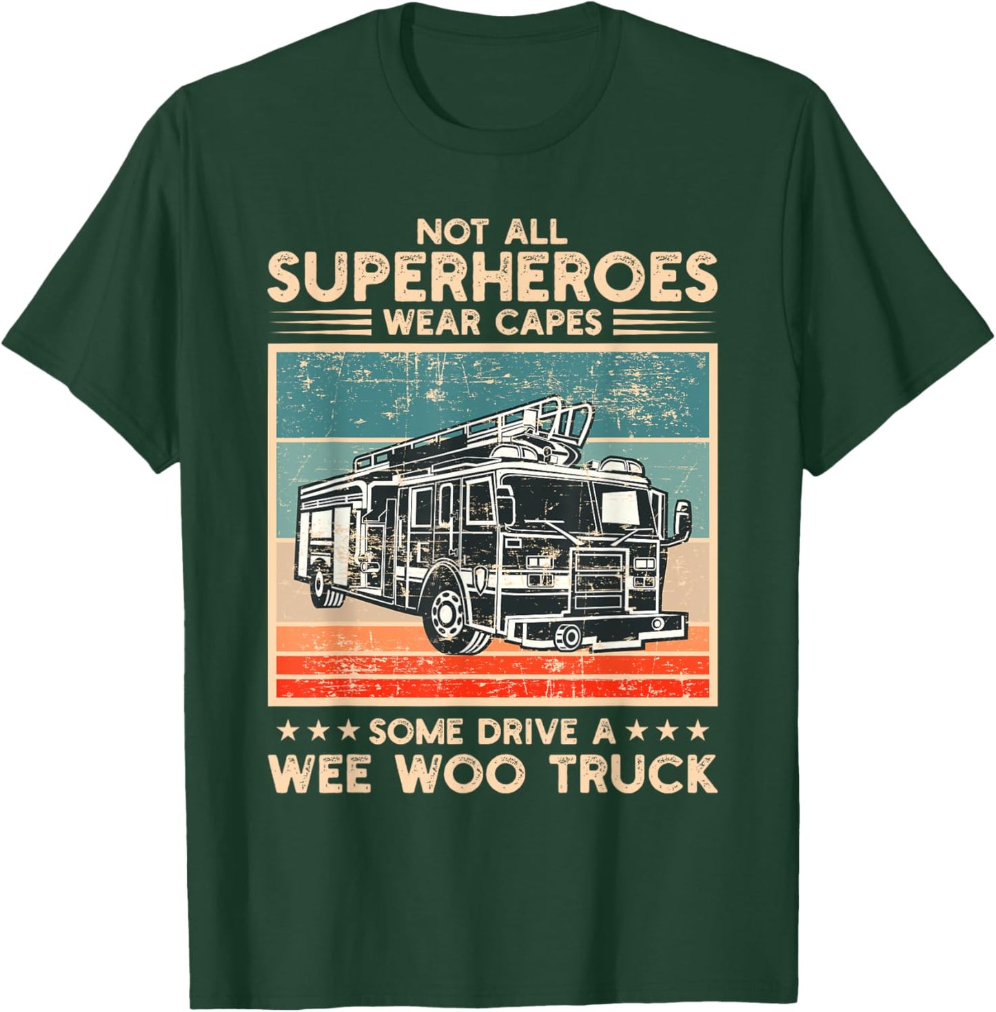Wee Woo Fire Truck Co. Adult Superhero Humorous Modern Black , Small, Short Sleeve, Classic Fit, Crew Collar, , Cotton 65% Polyester 35% T-Shirt - T-Shirt | Forest