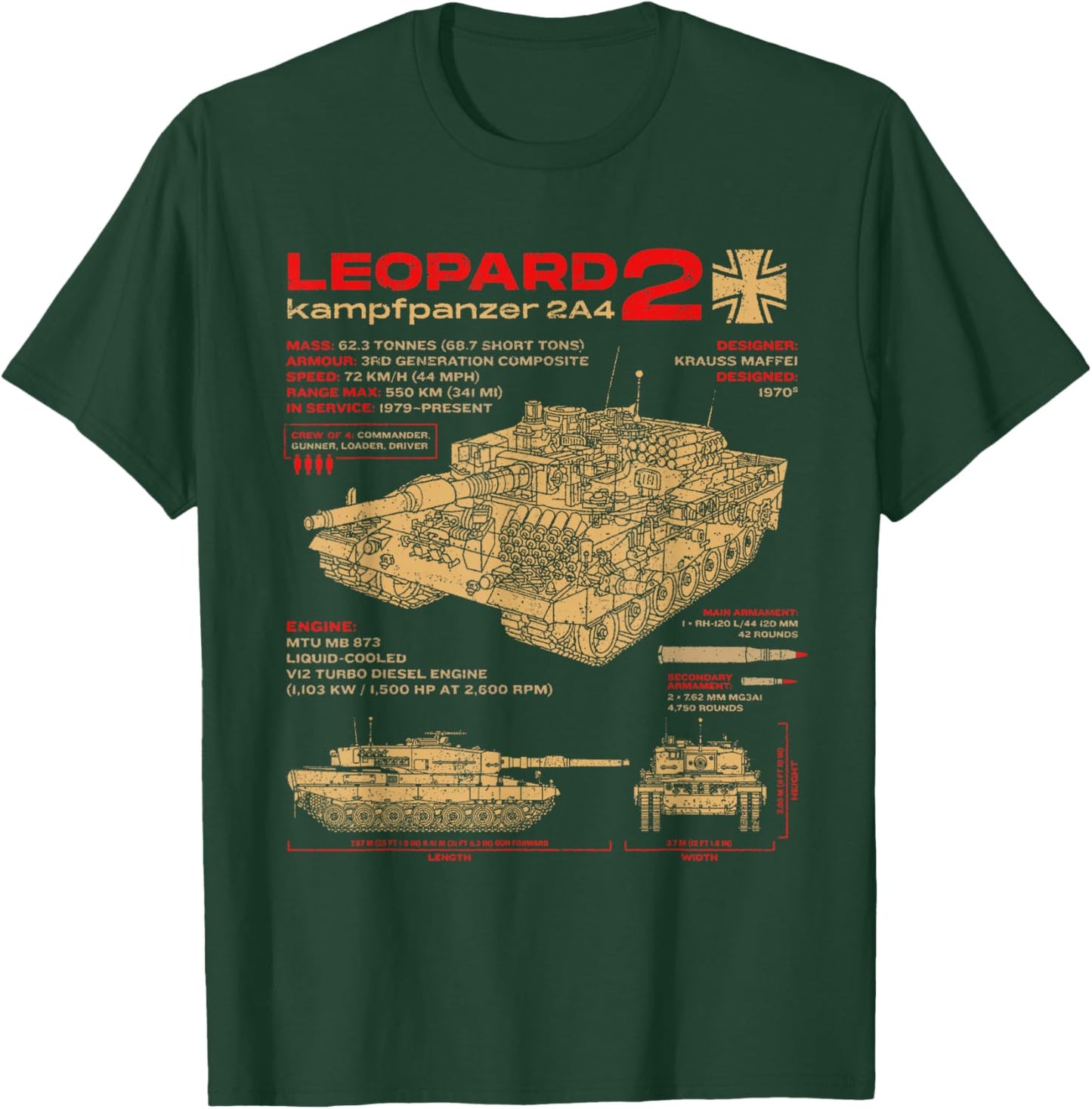 Leopard 2 2A4 Tank Armored Vehicle Blueprint T-Shirt - T-Shirt | Forest