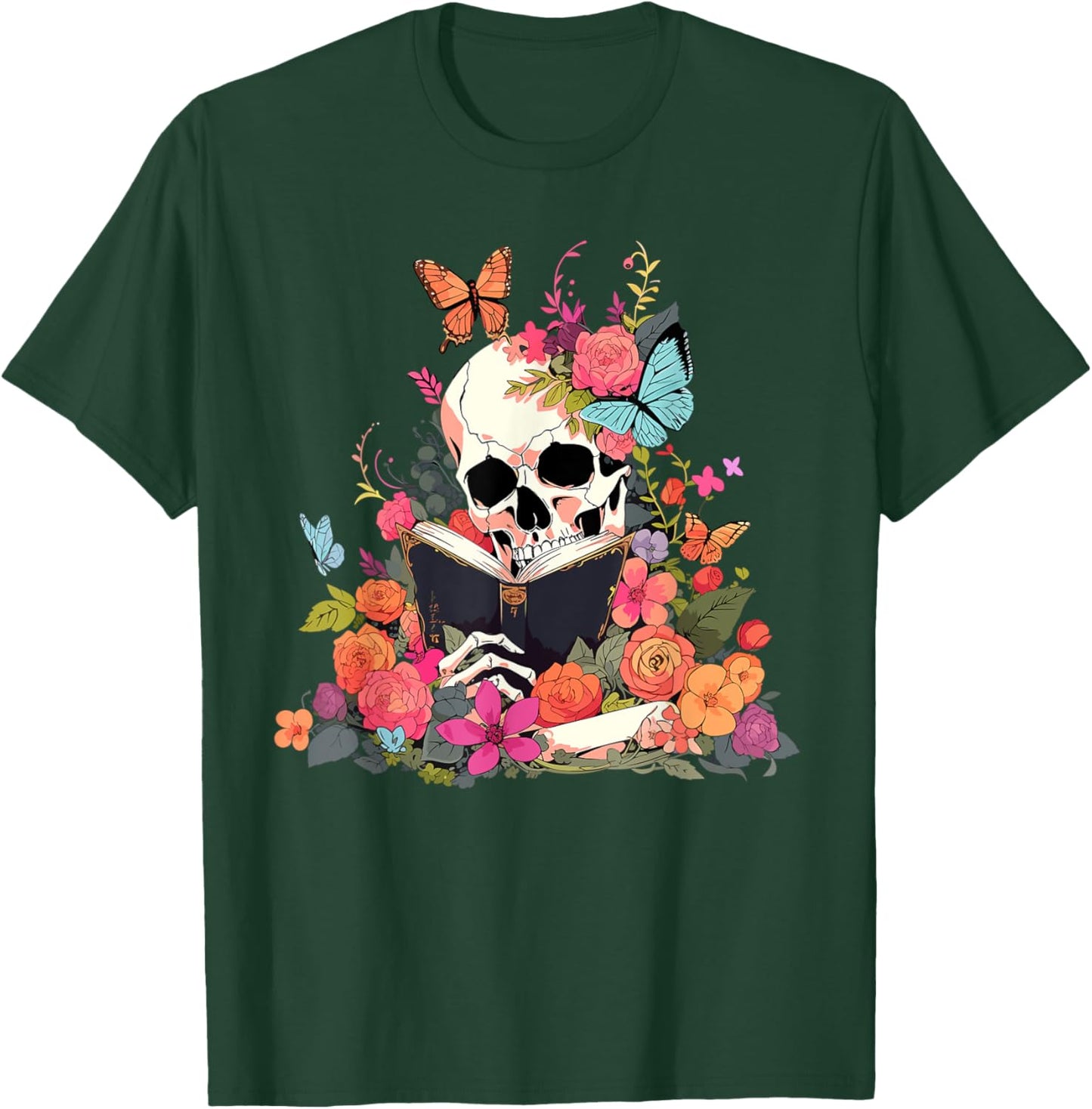 Book Reading Skull Skeleton Flowers Floral Bookish Butterfly T-Shirt - T-Shirt | Forest