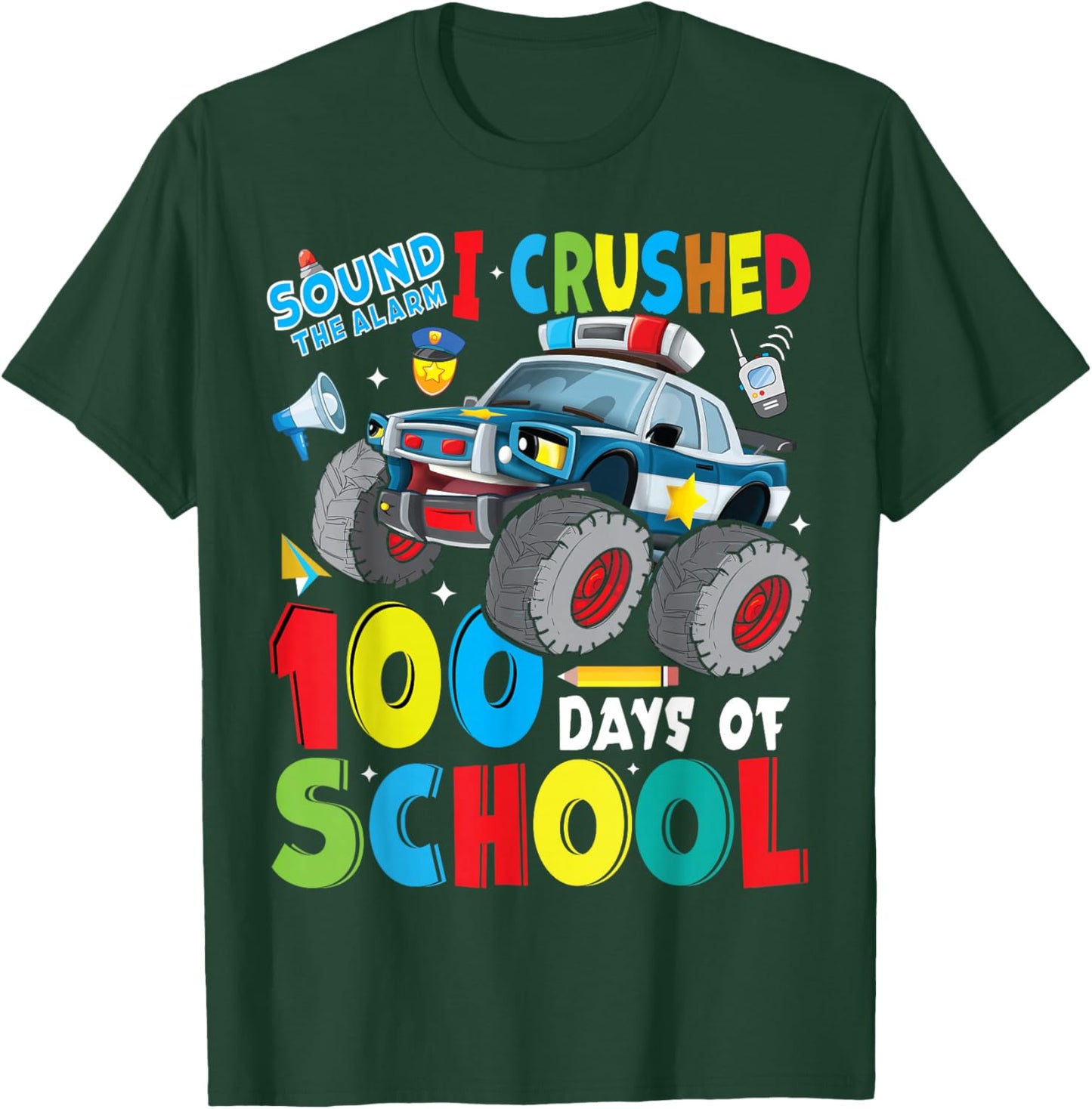 Monster Truck Police Car 100 Days of School Teachers Boys T-Shirt - T-Shirt | Forest