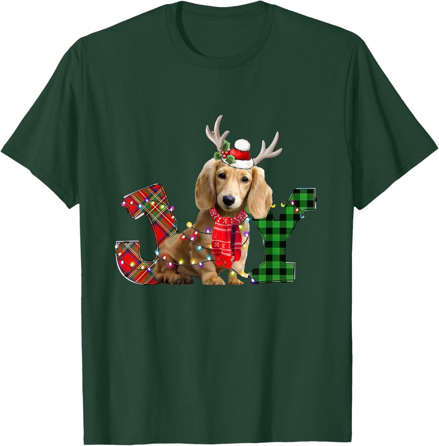 Joy Christmas Lights Long Haired Dachshund Dog Santa Hat T-Shirt - T-Shirt | Forest