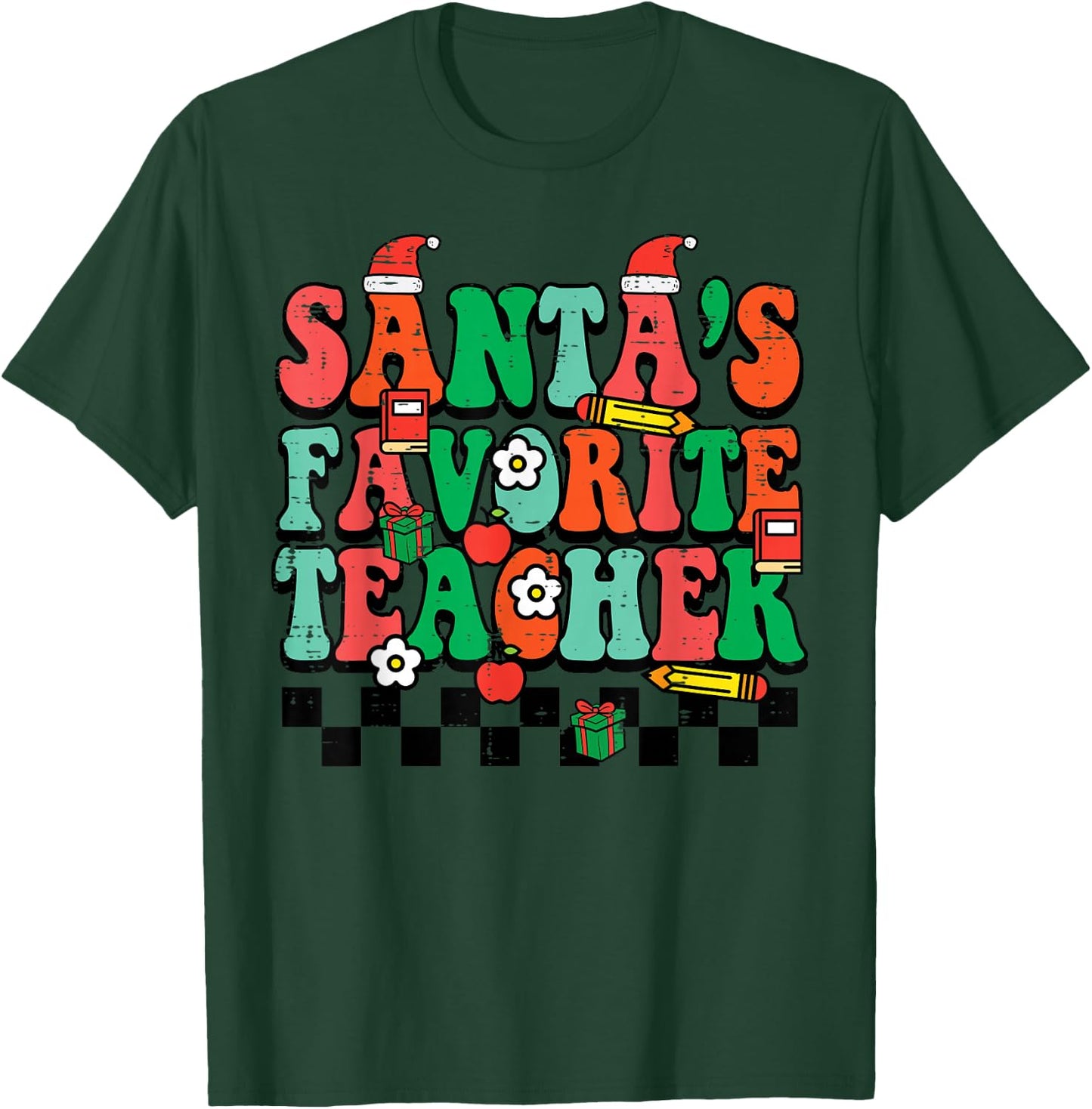 Santas Favorite Teacher Retro Groovy Christmas Xmas Women T-Shirt - T-Shirt | Forest