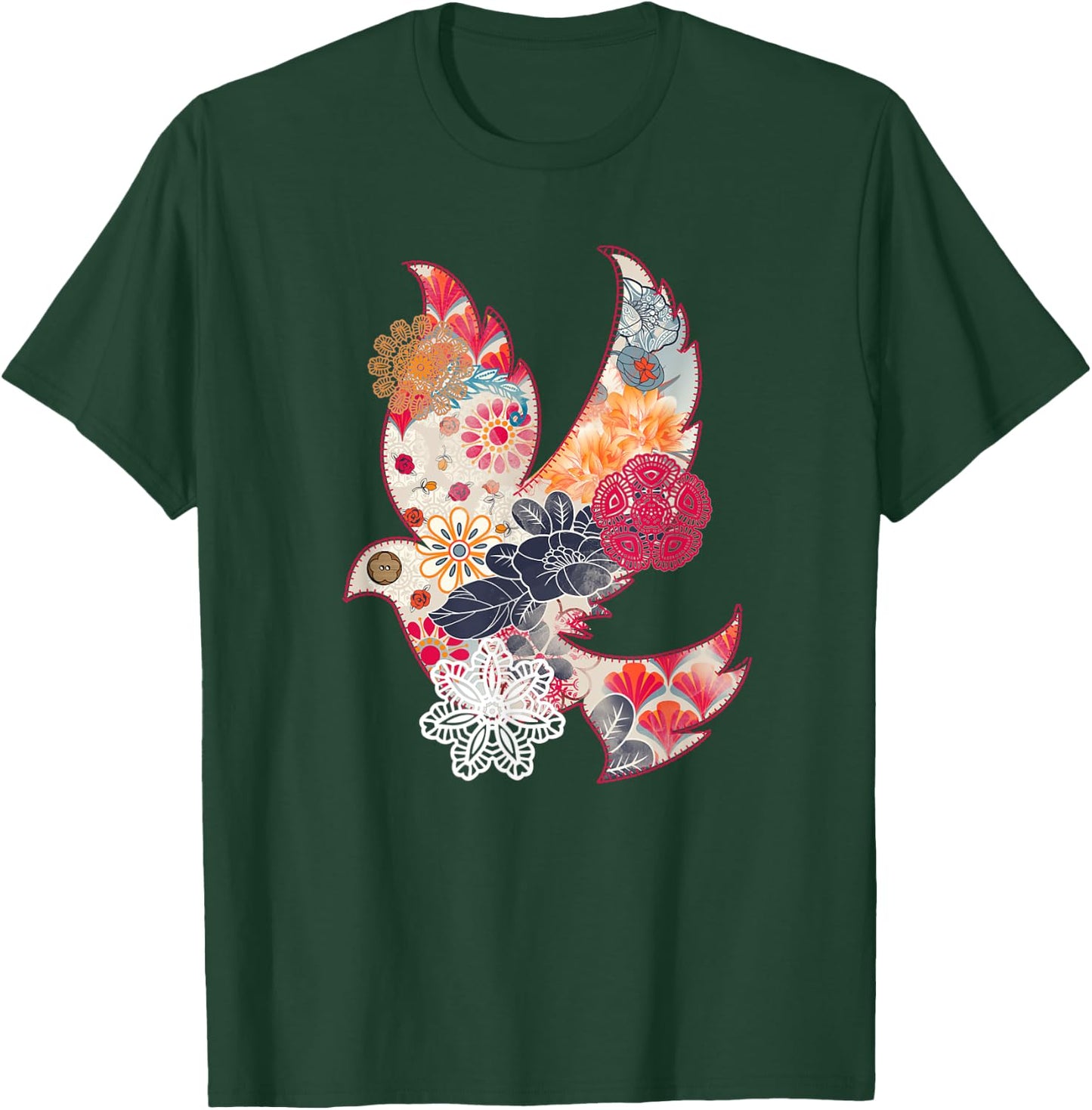Beautiful Dove Bird Flying Floral Flower Pattern Artwork T-Shirt - T-Shirt | Forest