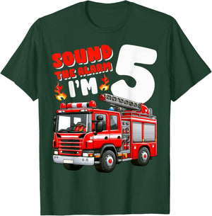 Sound Alarm I'm 5 Fire Truck 5th Birthday Firefighter Kids T-Shirt - T-Shirt | Forest
