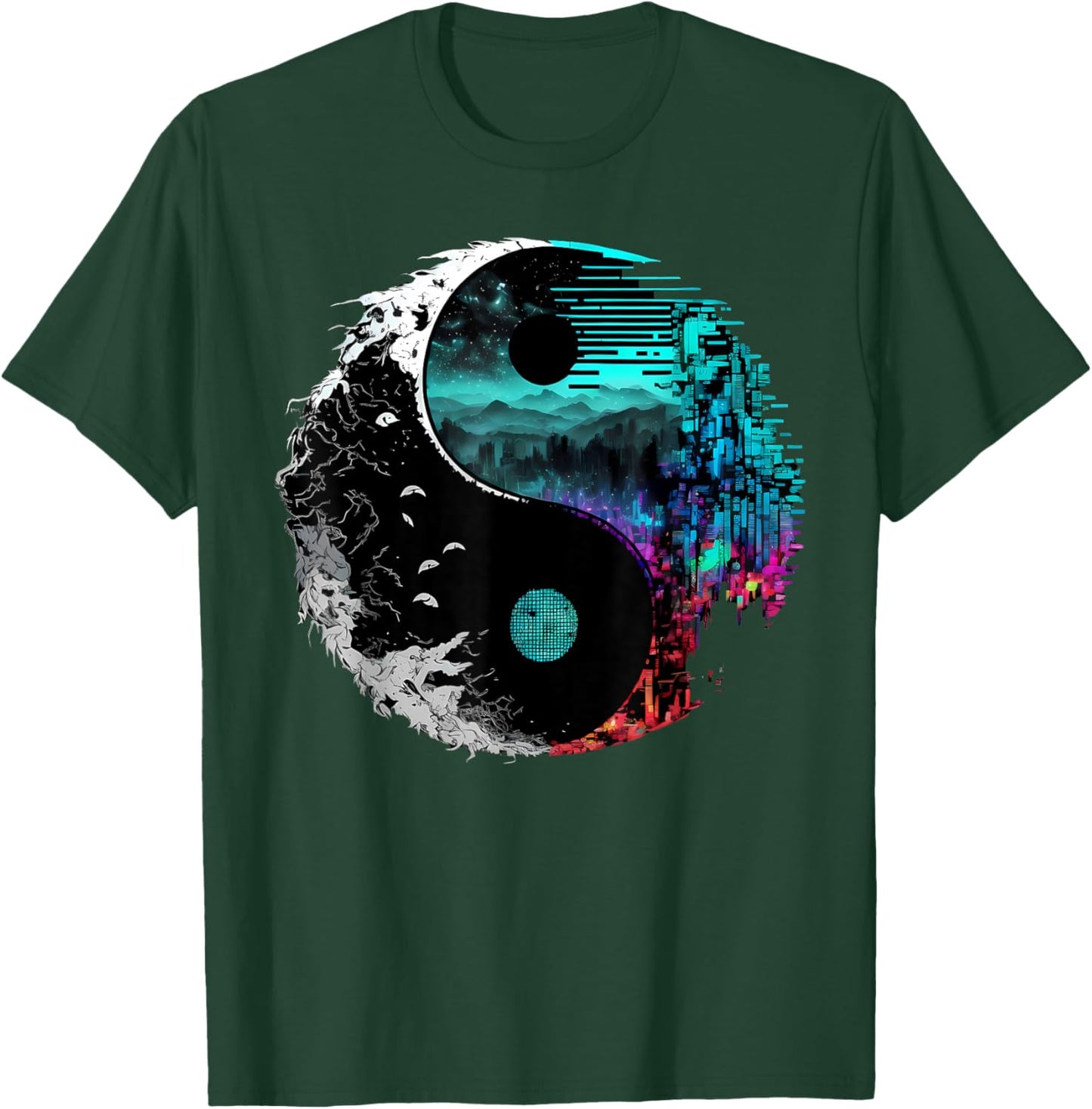 Harmonious Glitch Yin Yang - Black, -Adults, Small T-Shirt - T-Shirt | Forest