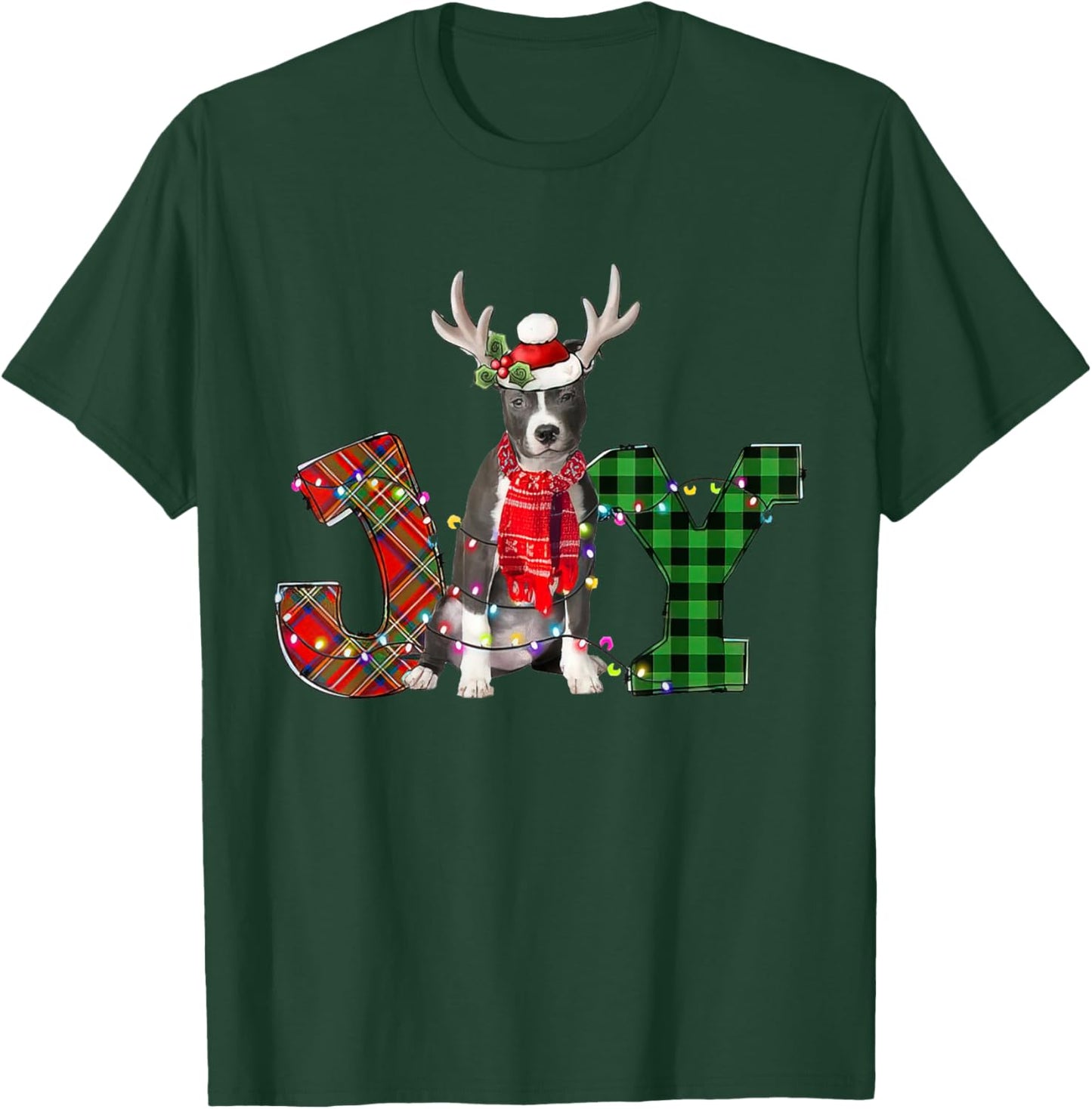 Joy Christmas Lights Blue Nose Pitbull Dog Santa Hat Pajama Men Women Kids T-Shirt - T-Shirt | Forest