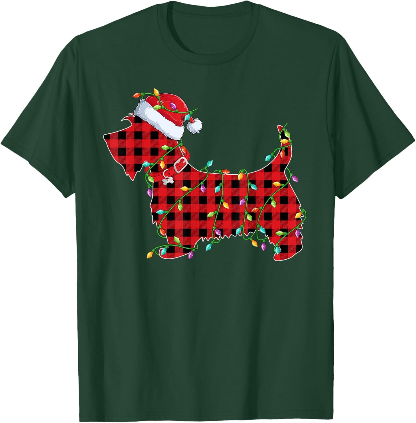 Xmas Lighting Matching Buffalo Plaid Scottie Dog Christmas T-Shirt - T-Shirt | Forest