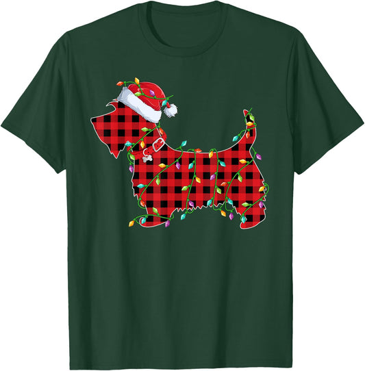 Xmas Lighting Matching Buffalo Plaid Scottie Dog Christmas T-Shirt - T-Shirt | Forest