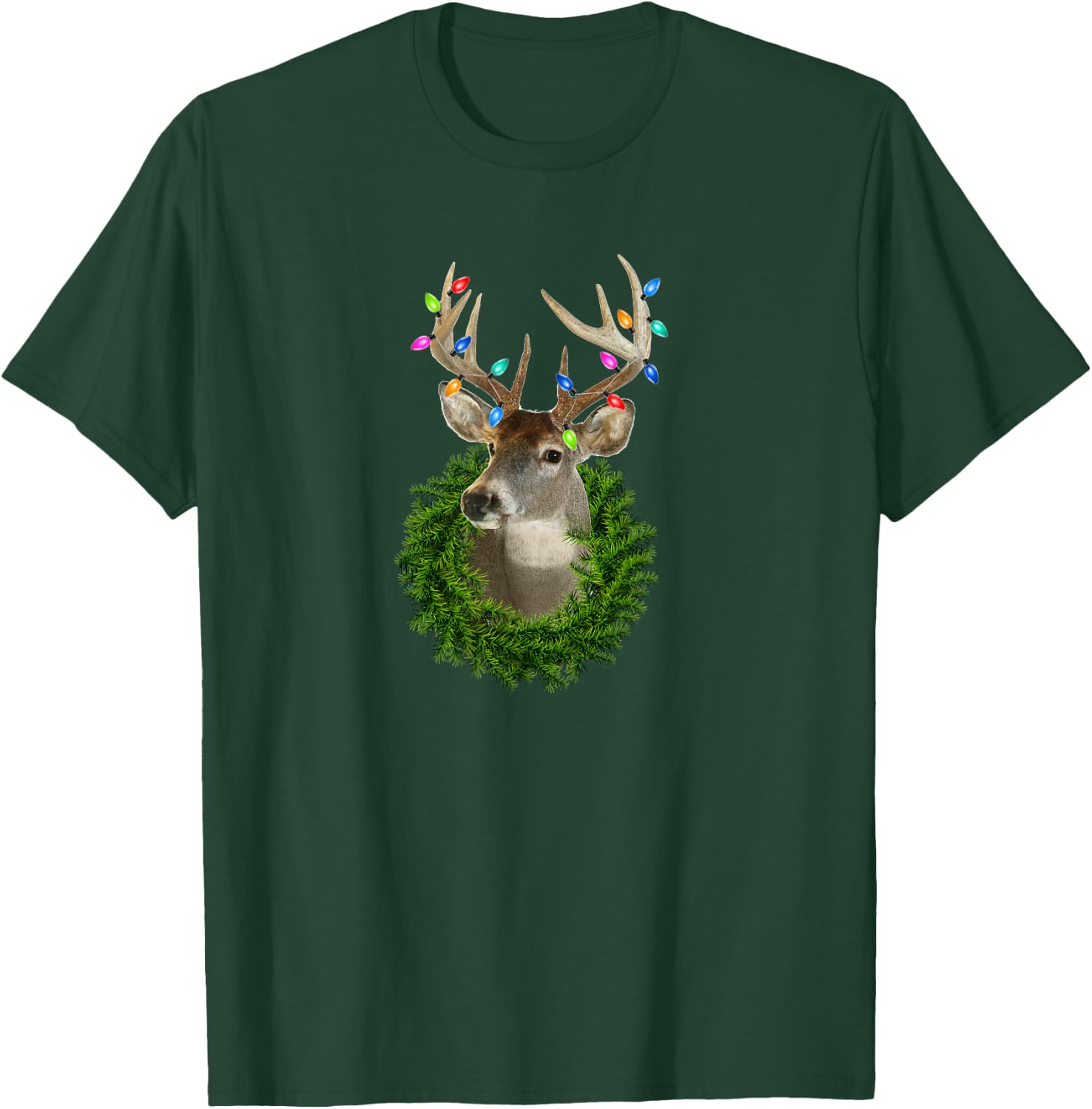 Deer Hunting Whitetail Christmas Lights Trophy Buck Wreath T-Shirt - T-Shirt | Forest