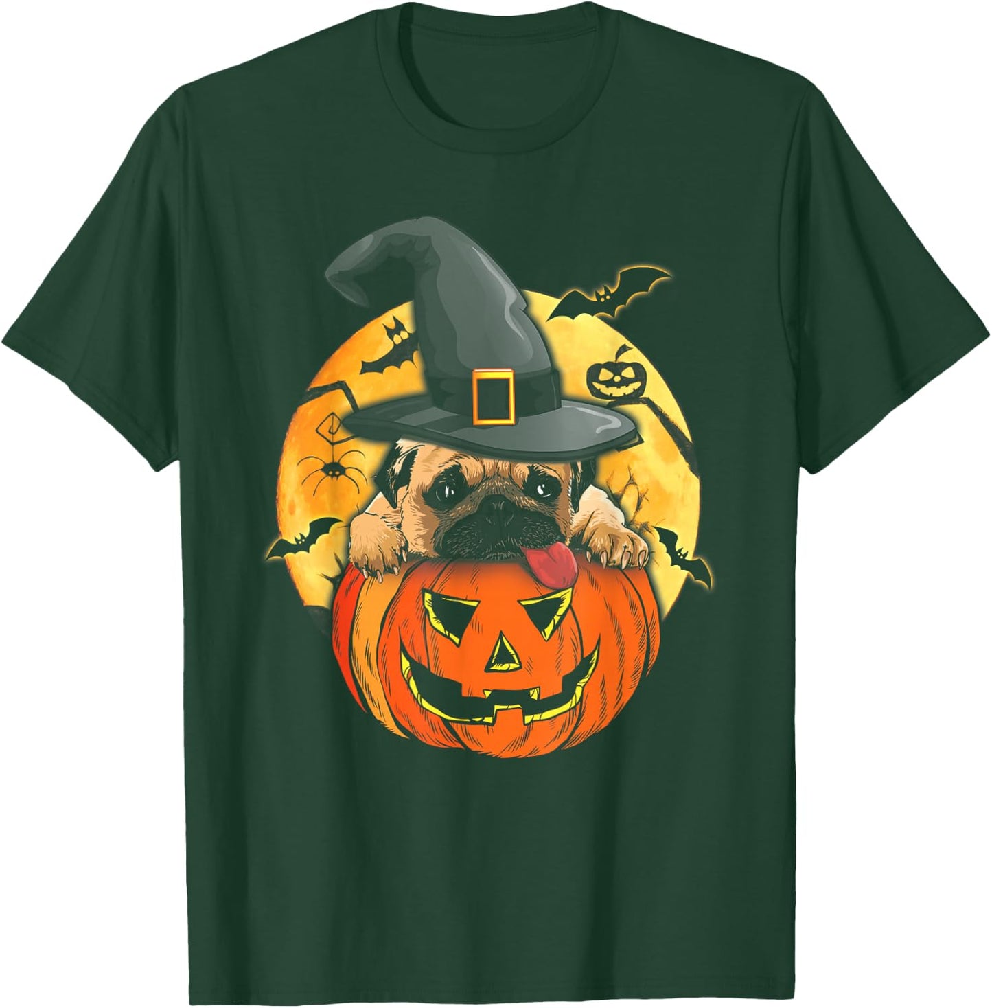 Halloween Pug Dog Witch Hat Pumpkin Pugkin Pug Dog Lovers T-Shirt - T-Shirt | Forest