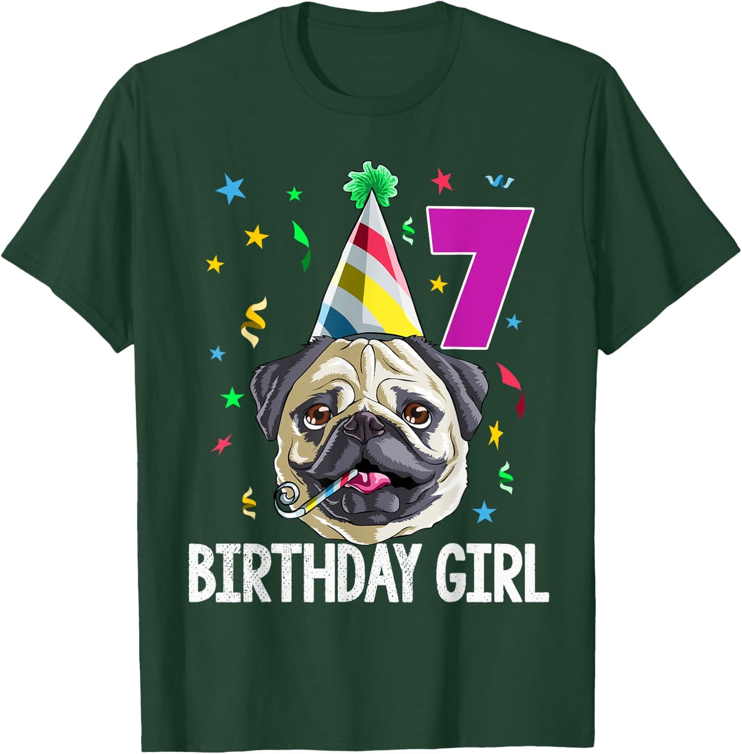 Pug Birthday Girl 7th 7 T Shirt Kids Girls Gift Party T-Shirt - T-Shirt | Forest