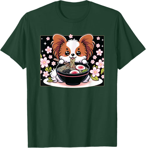 Kawaii Papillon dog Eating Ramen