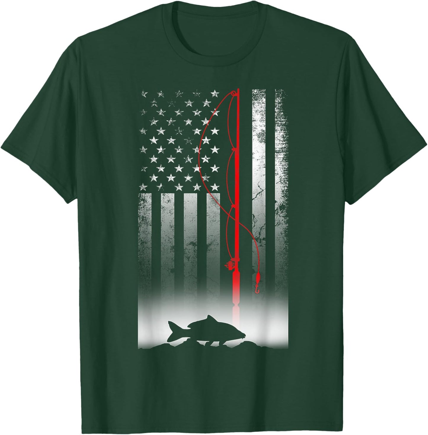 Fishing Pole American Flag Gift Patriotic Fisherman T-Shirt - T-Shirt | Forest