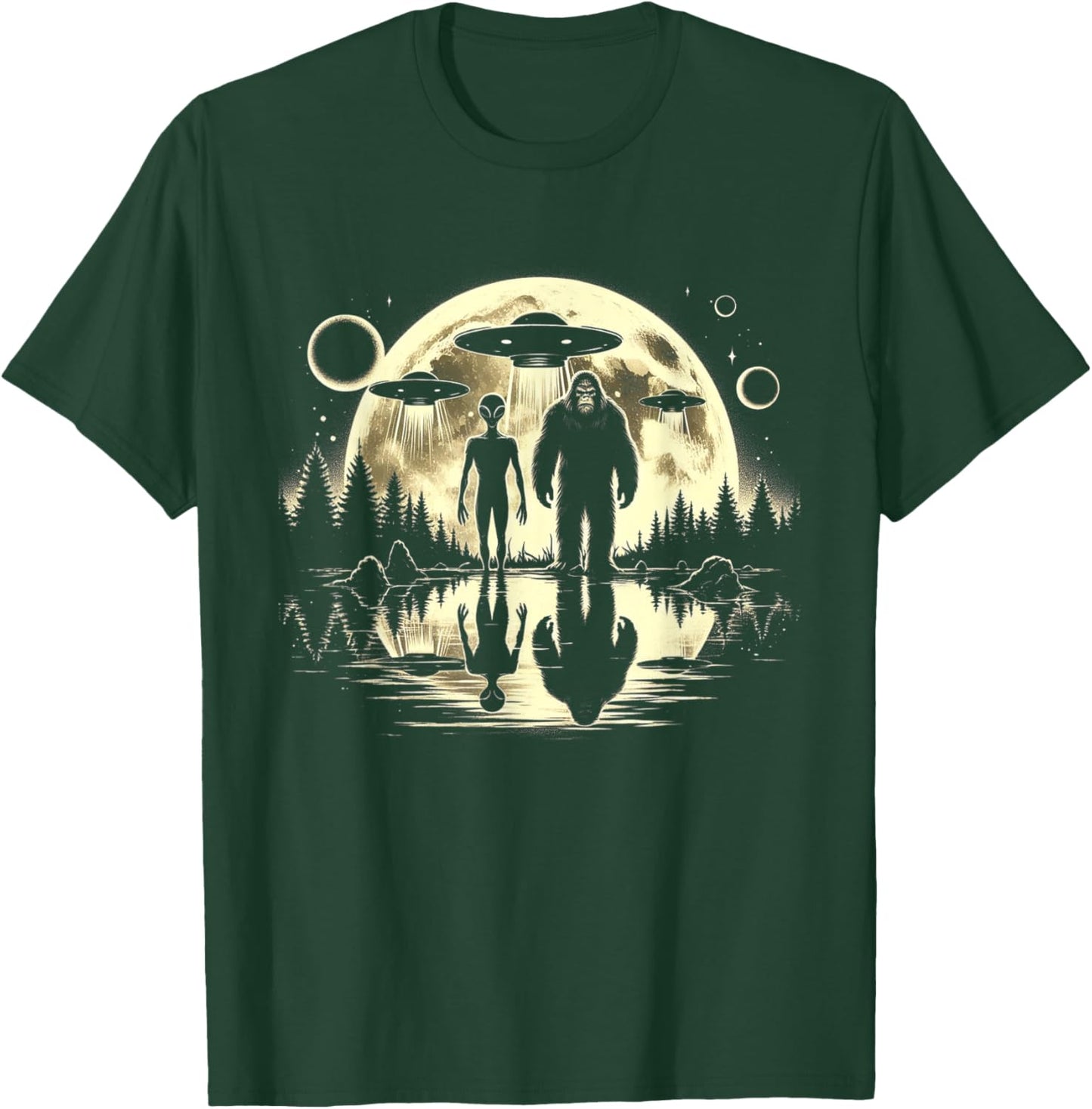 Bigfoot and Alien Moon UFO Extraterrestrial Sasquatch Gifts T-Shirt - T-Shirt | Forest