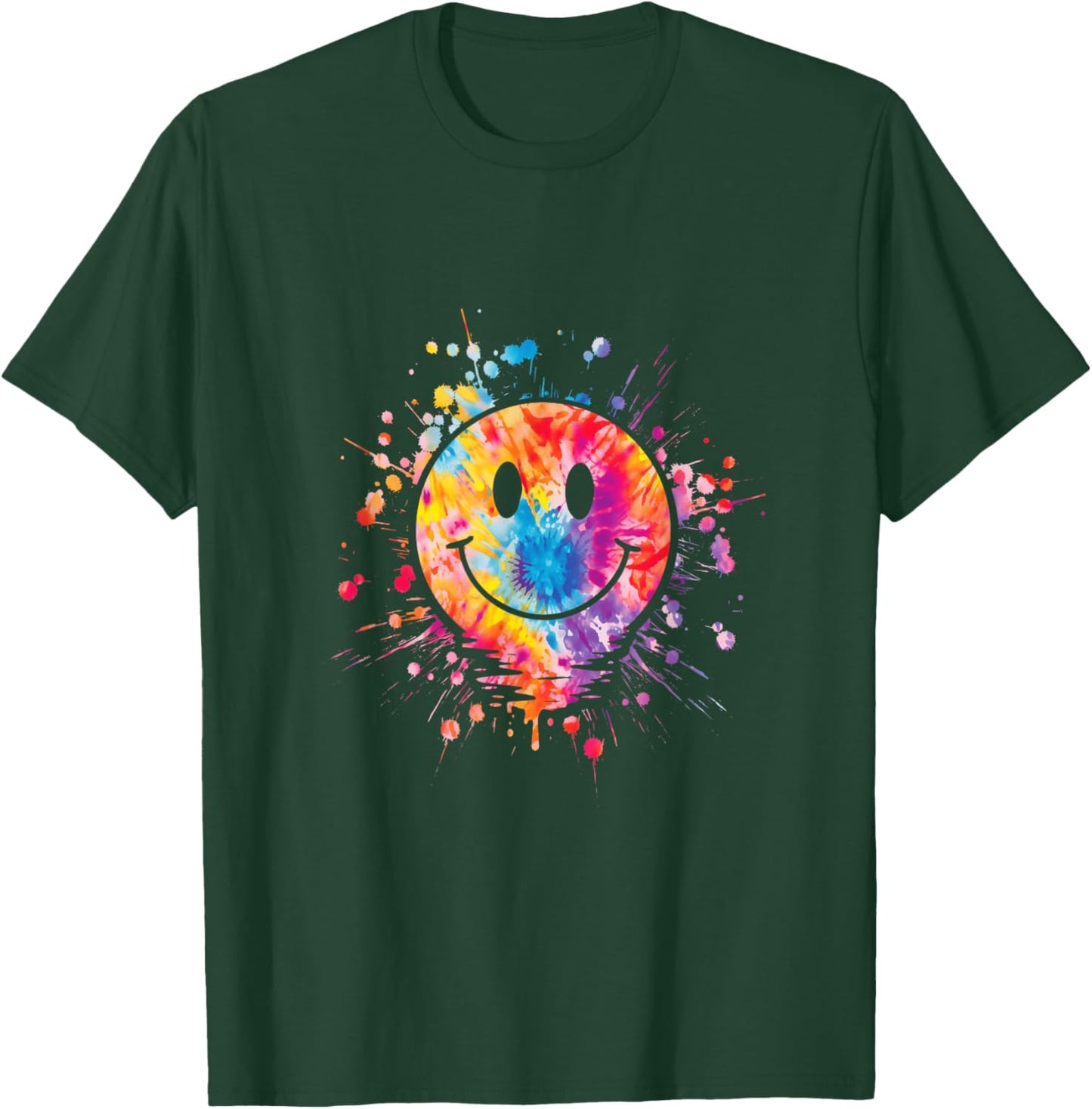 Retro Happy Face Rainbow Tie Dye Splatter 70s Peace Smile , Black, S T-Shirt - T-Shirt | Forest