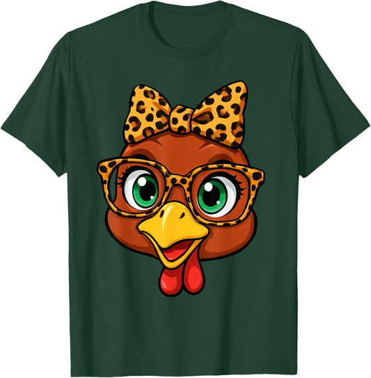 Thanksgiving Turkey Face Leopard with Glasses Bow Women Girl T-Shirt - T-Shirt | Forest
