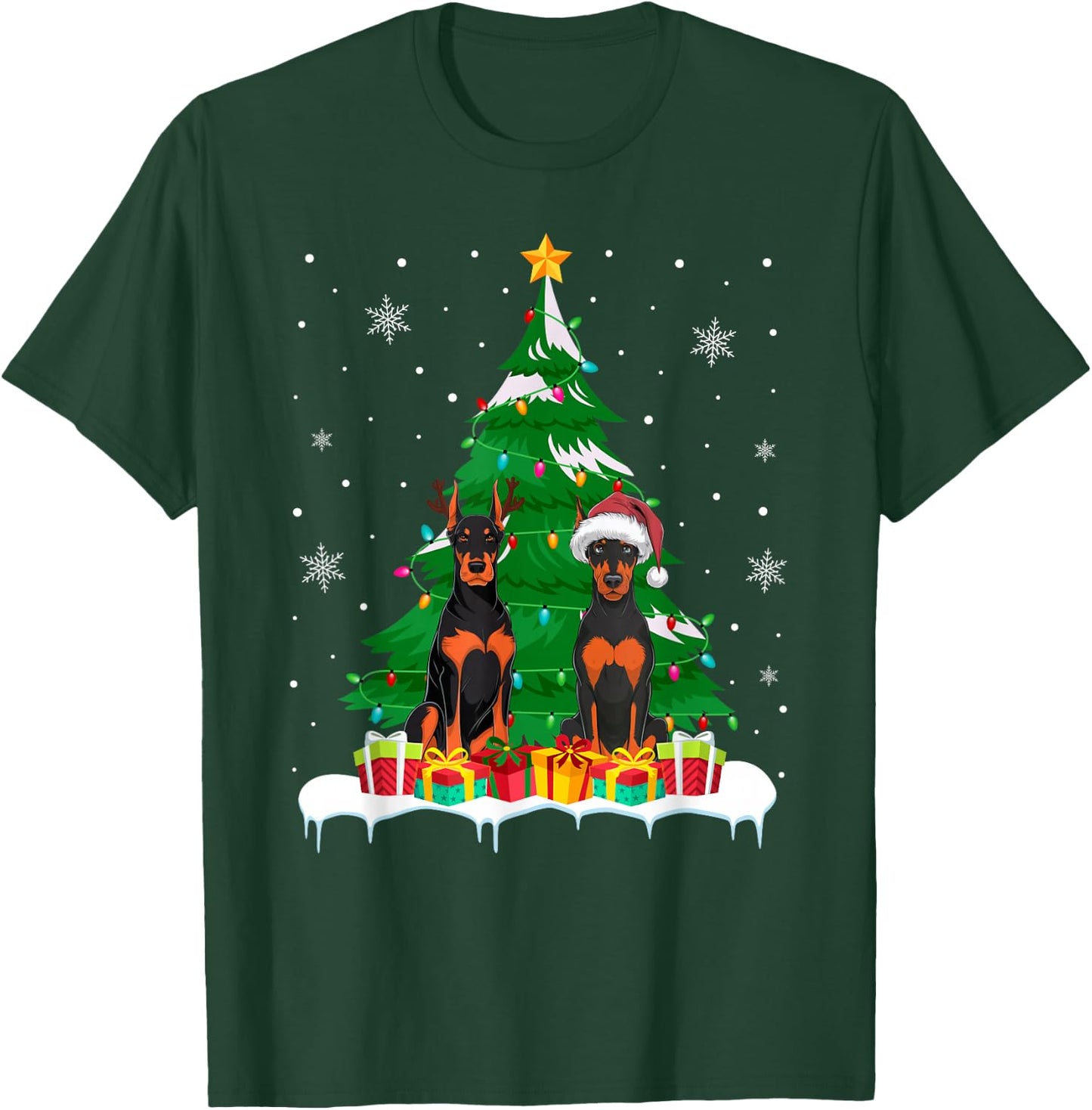 Doberman Pinscher Dog Christmas Tree Light Santa Reindeer PJ T-Shirt - T-Shirt | Forest