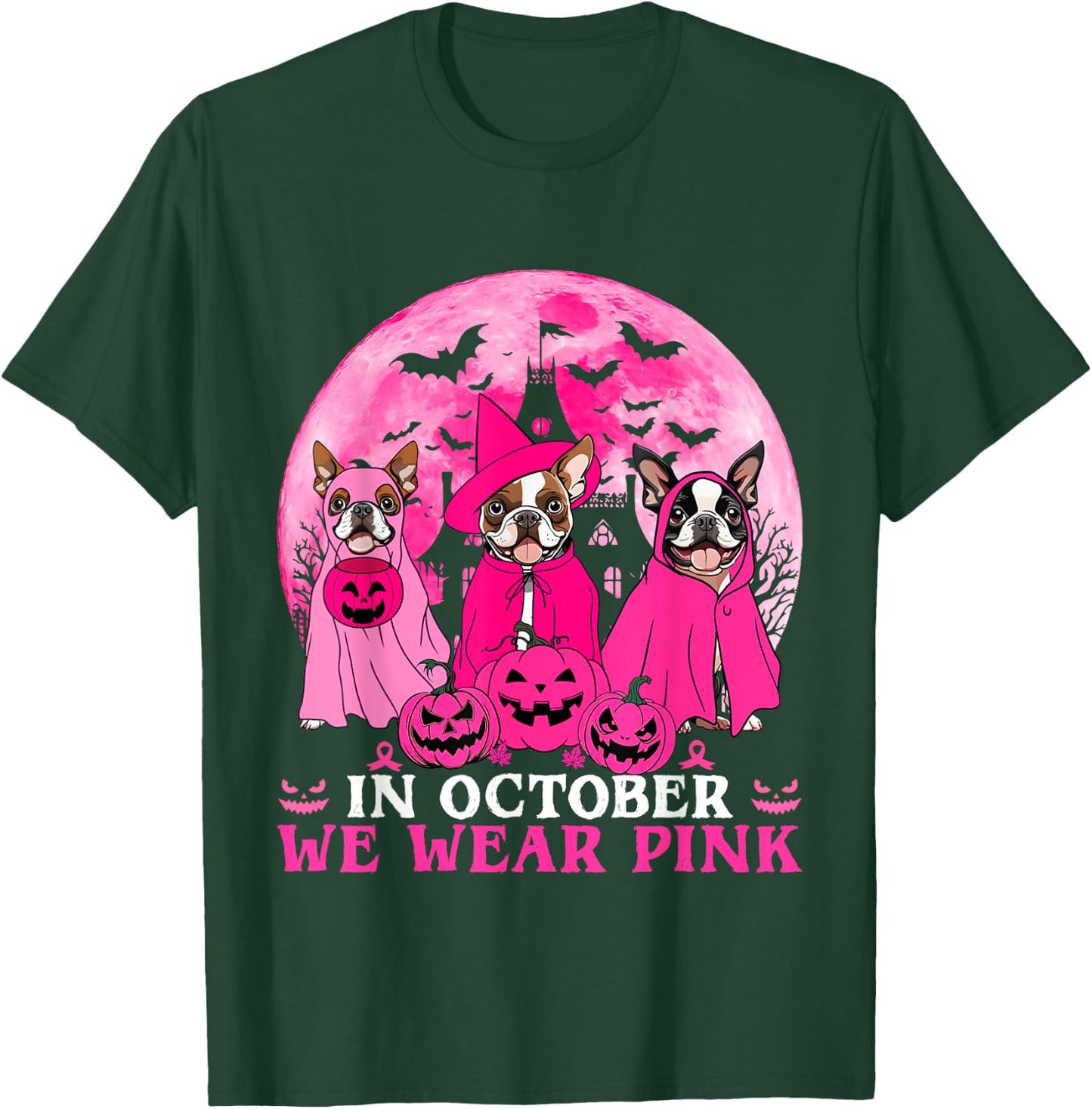 Ghost And Witch Boston Terrier Dog In October We Wear Pink T-Shirt - T-Shirt | Forest