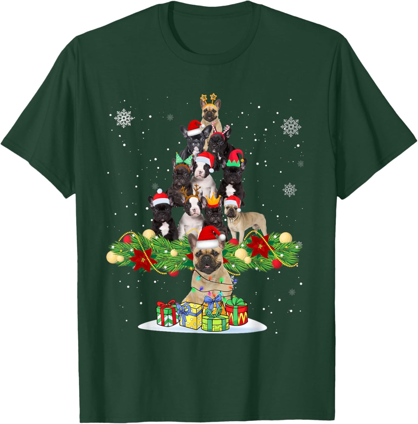 Ugly Sweater Christmas Tree French Bulldog Dog Xmas Lights Men Women Kids T-Shirt - T-Shirt | Forest