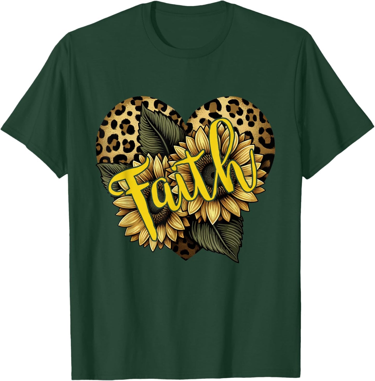 Faith Leopard Cheetah Print Heart Sunflower Christian Faith T-Shirt - T-Shirt | Forest