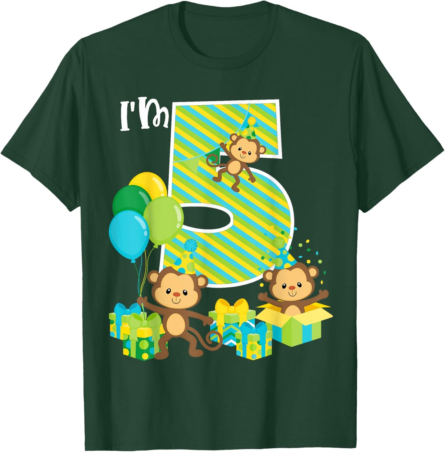 Birthday Monkey 5th Birthday Party Five Year Old Kid Toddler T-Shirt - T-Shirt | Forest