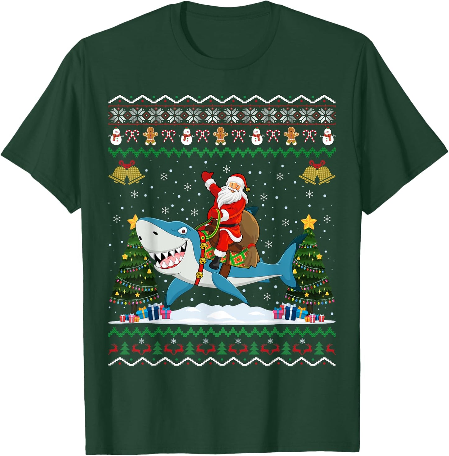 Shark Ugly Xmas Gift Santa Riding Shark Christmas T-Shirt - T-Shirt | Forest
