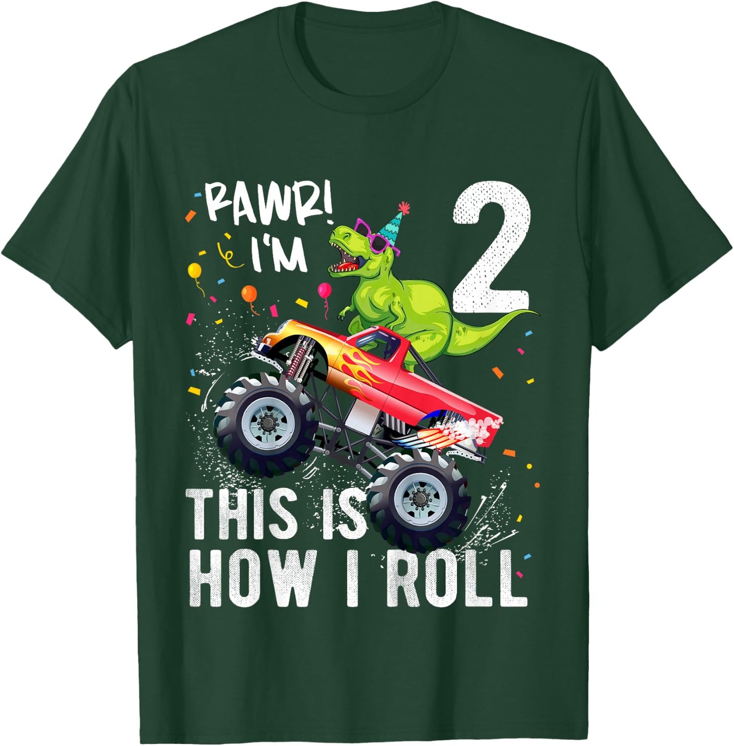 Kids T Rex Dinosaur Monster Truck 2nd Birthday Boys and Girls T-Shirt - T-Shirt | Forest