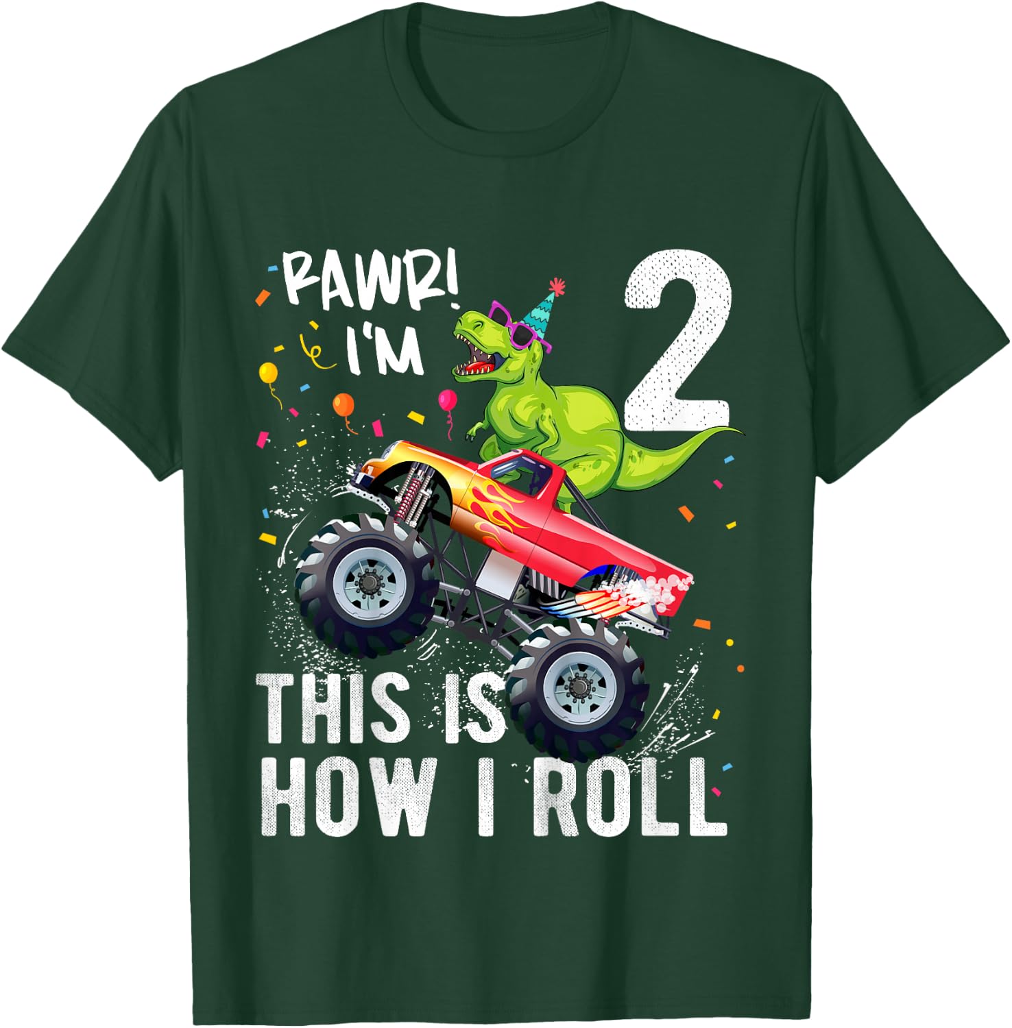 Kids T Rex Dinosaur Monster Truck 2nd Birthday Boys and Girls T-Shirt - T-Shirt | Forest