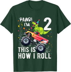 Kids T Rex Dinosaur Monster Truck 2nd Birthday Boys and Girls T-Shirt - T-Shirt | Forest