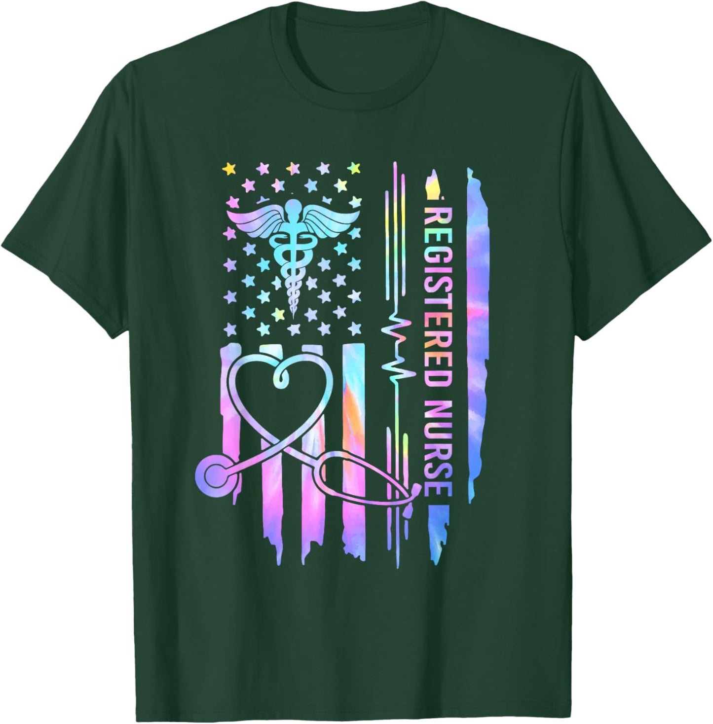 Tie Dye Registered Nurse RN EKG Stethoscope Nursing USA Flag T-Shirt - T-Shirt | Forest