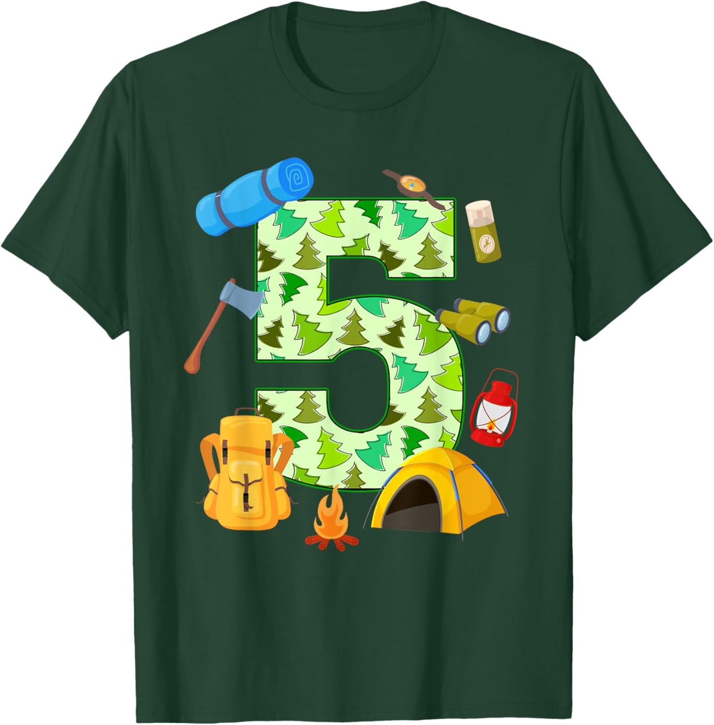 5th Birthday Camping Theme 5 Year Old Birthday Kids T-Shirt - T-Shirt | Forest