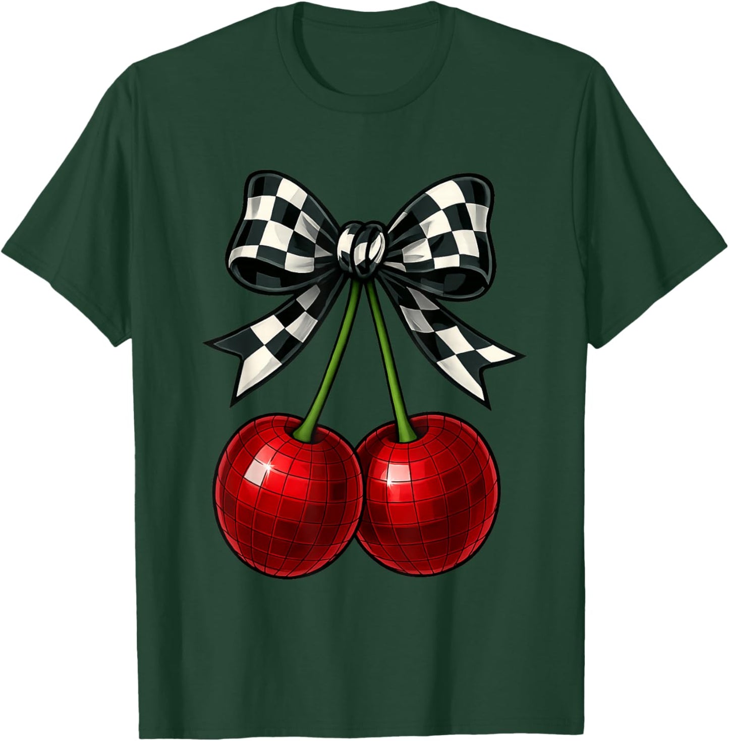Coquette Cherry Checkered Ribbon Bow Women Girls T-Shirt - T-Shirt | Forest