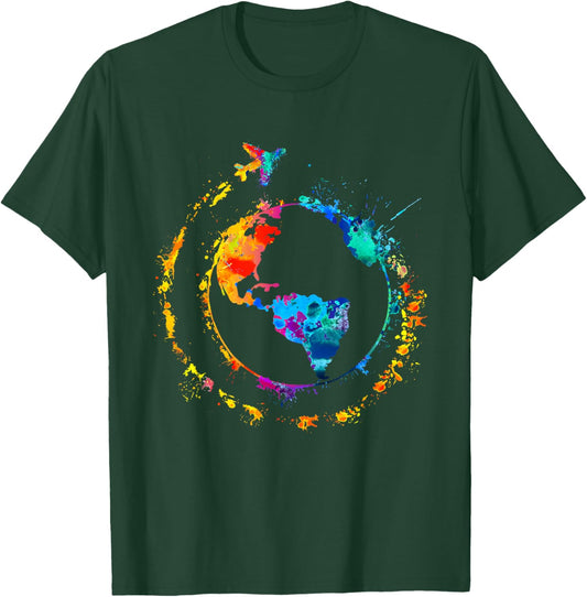 Artistic Earth Watercolor Travel World Traveling Colorful T-Shirt - T-Shirt | Forest