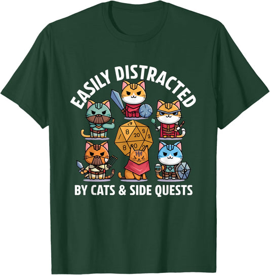 Easily Distracted By Cats and Side Quests T-Shirt - T-Shirt | Forest