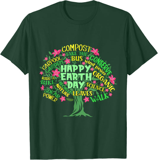 Happy Earth Day Tree Drawing Illustration Word Art T-Shirt - T-Shirt | Forest