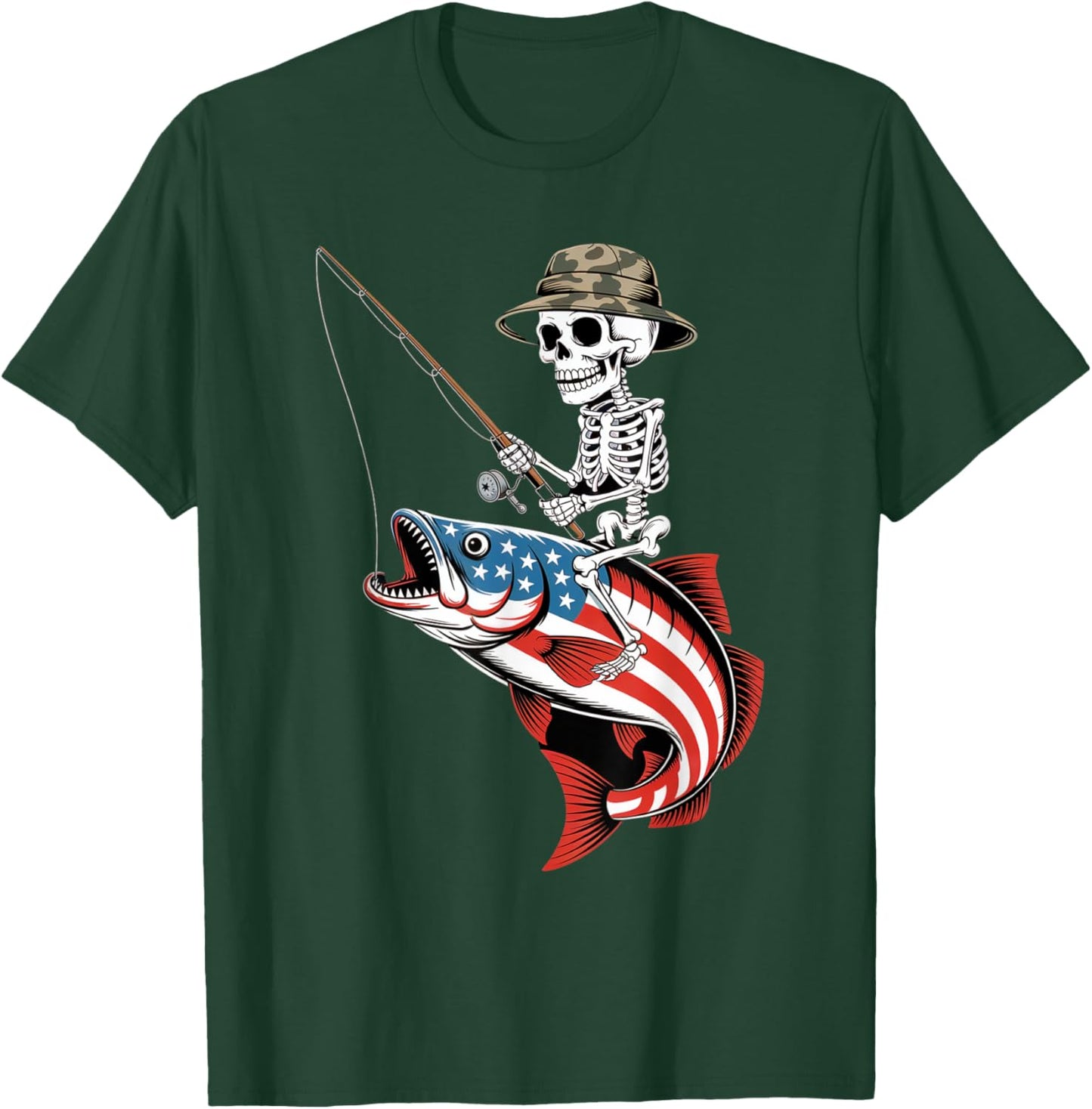 Patriotic Skeleton Fishing American Flag for Anglers T-Shirt - T-Shirt | Forest