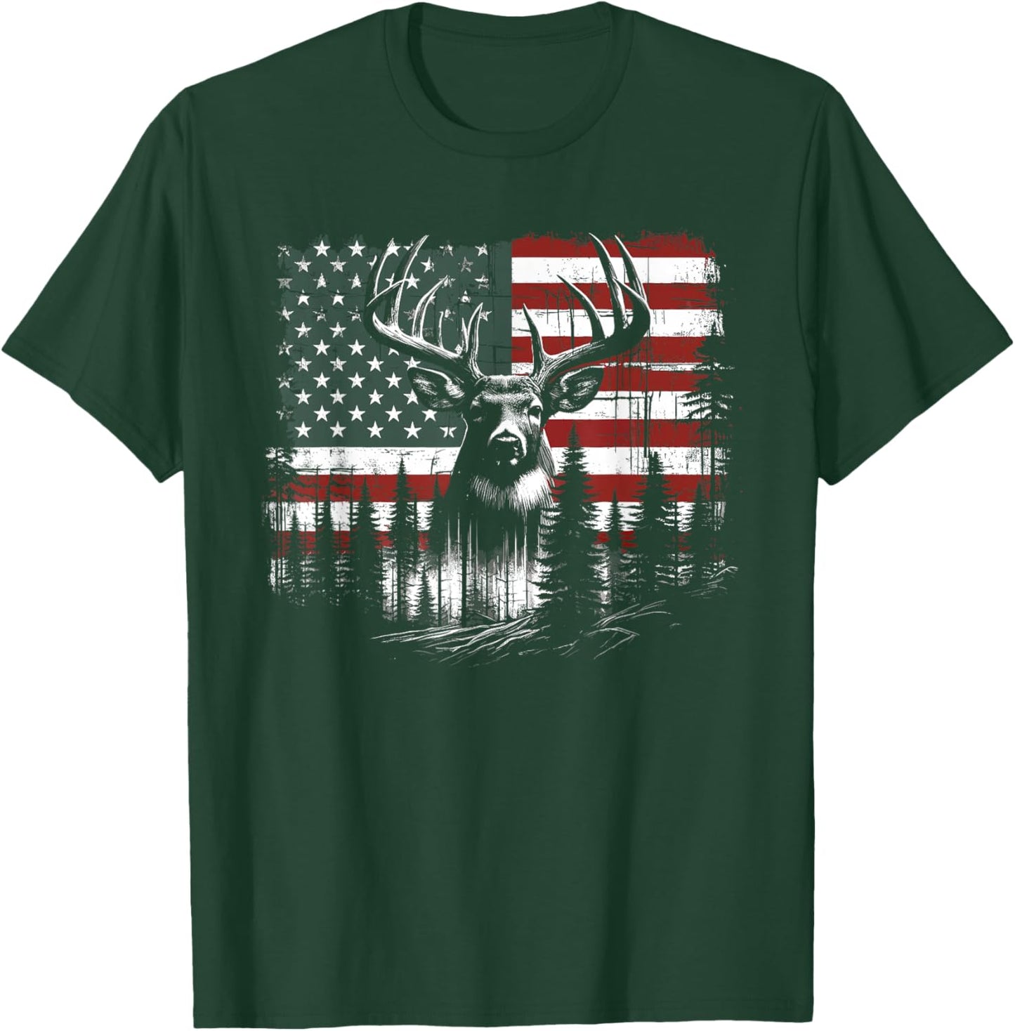 Deer Hunting American Flag Whitetail Buck Antlers T-Shirt - T-Shirt | Forest