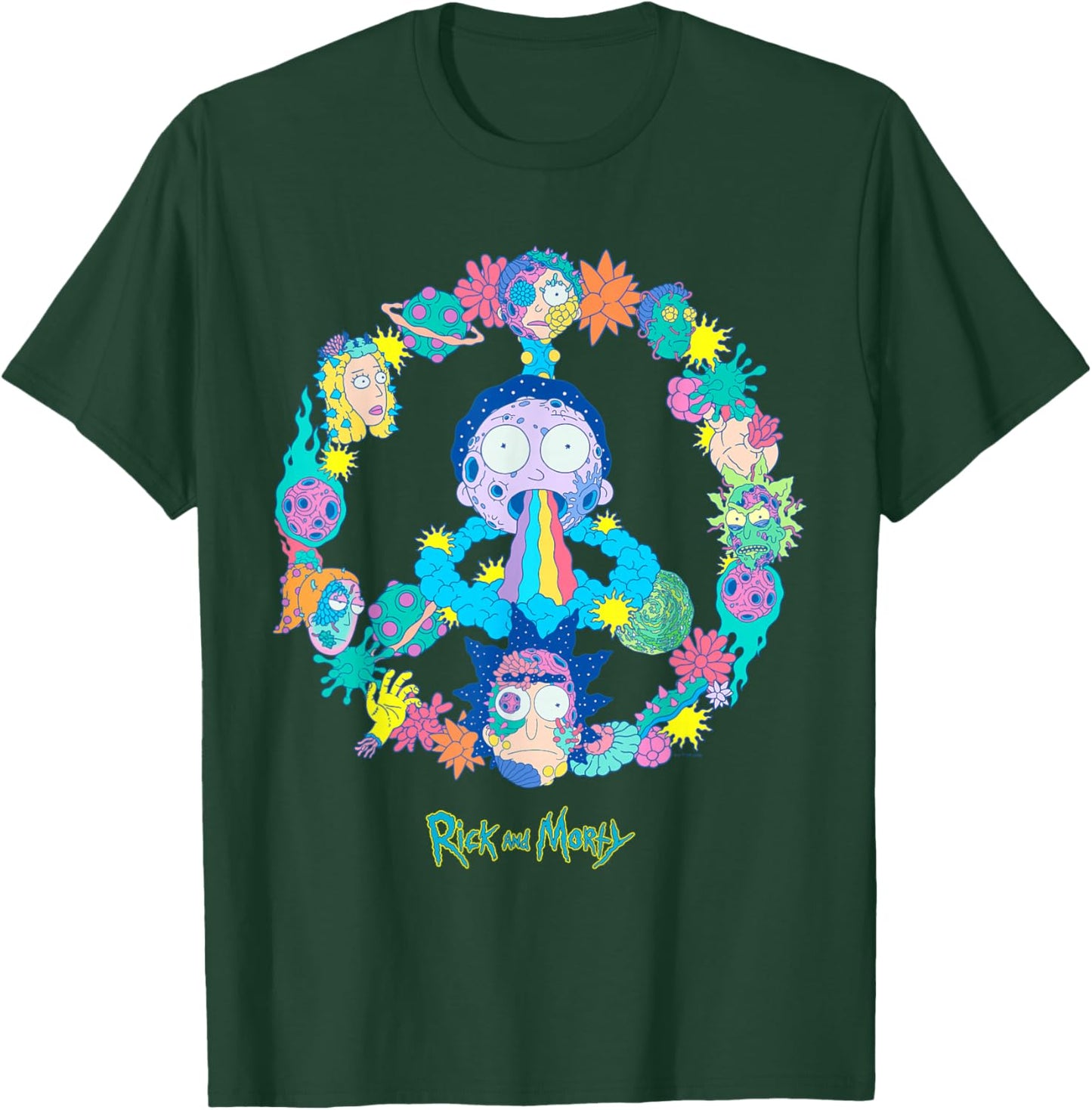 Rick and Morty Peace Sign Vivid Alien Adult Cartoon Fashion T-Shirt - T-Shirt | Forest