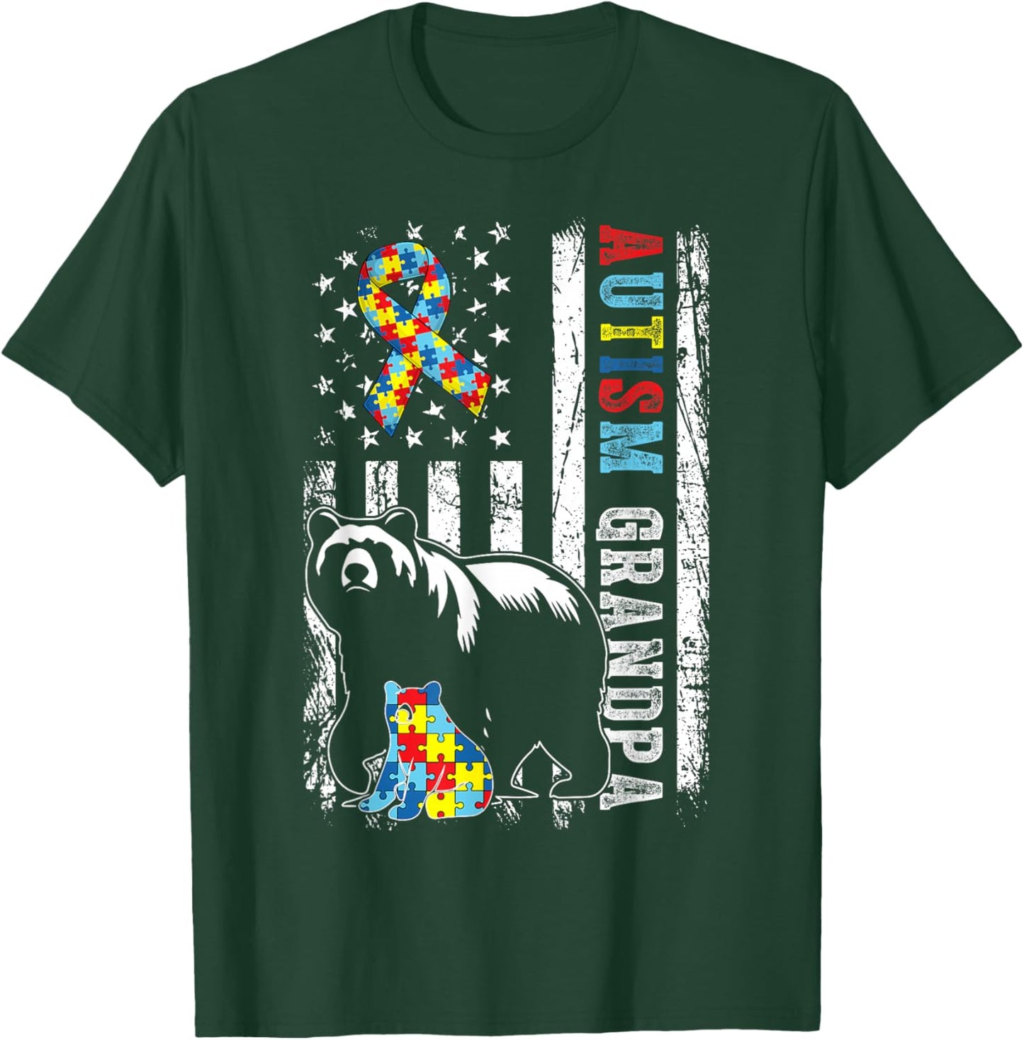 Autism Grandpa Bear With Puzzles & USA Flag Distressed T-Shirt - T-Shirt | Forest