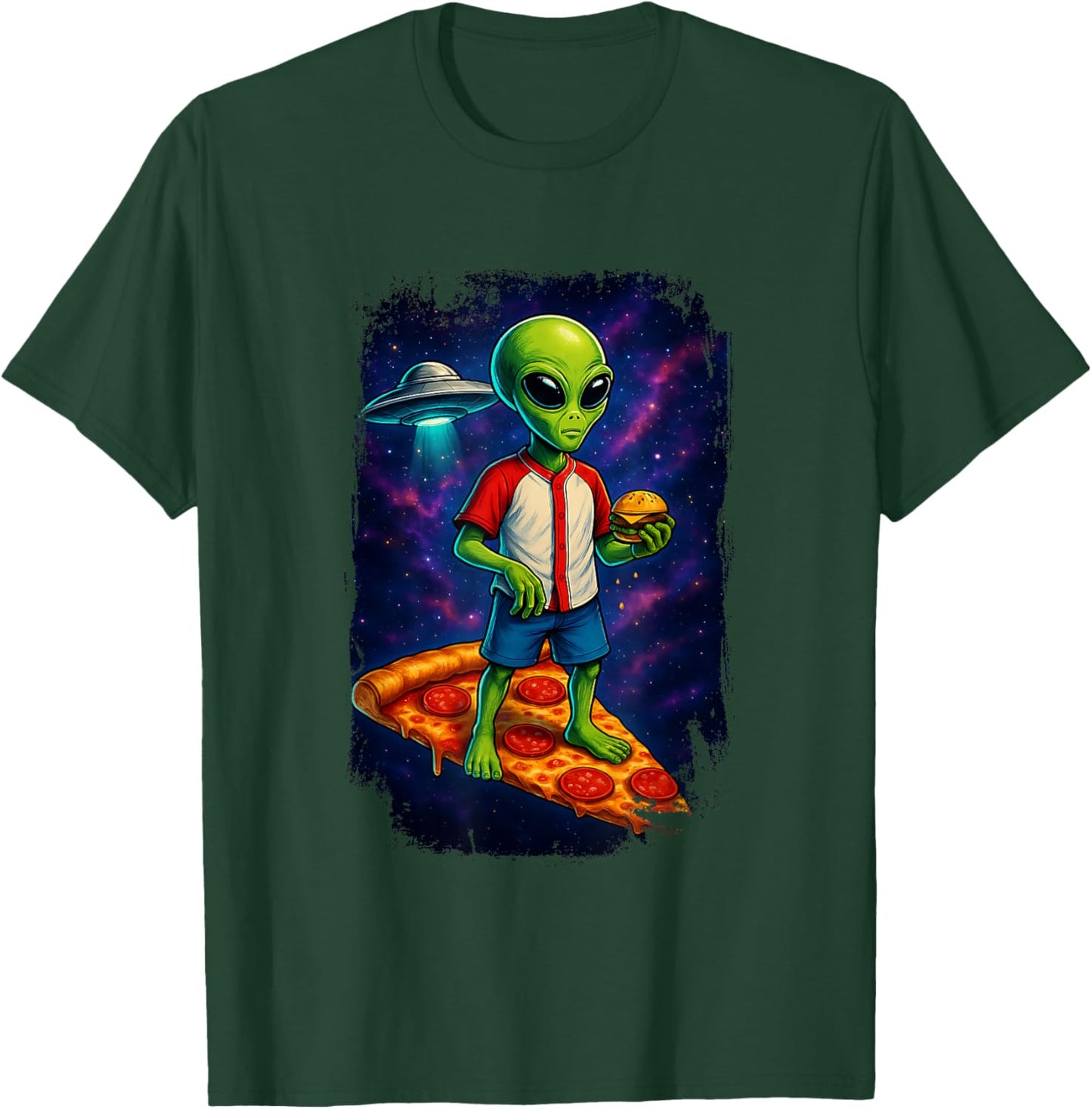 Alien UFO Pizza Galaxy Funny Hamburger T-Shirt - T-Shirt | Forest
