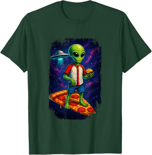 Alien UFO Pizza Galaxy Funny Hamburger T-Shirt - T-Shirt | Forest