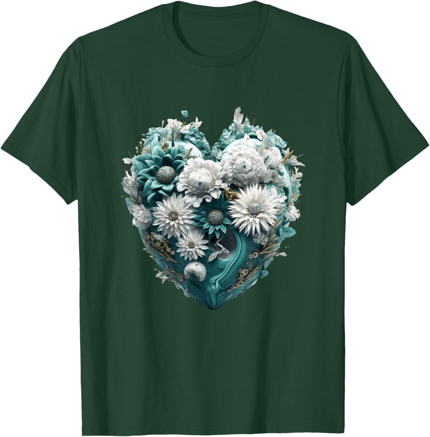 Cute Teal Heart Graphic Made of Flowers Girls T-Shirt - T-Shirt | Forest