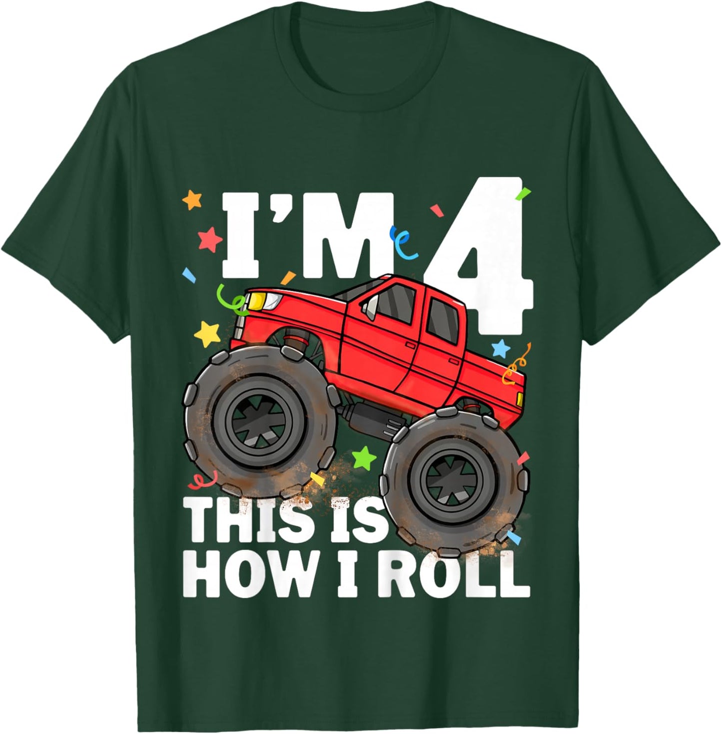 Kids Monster Truck 4th Birthday Boy Toddler 4 Four Year Old T-Shirt - T-Shirt | Forest